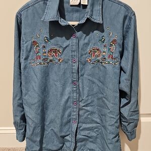 Kokopelli Southwestern Inspired Long Sleeve Denim Embroidred Shirt Size Large